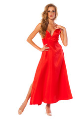 Young beautiful happy blonde woman in red dress