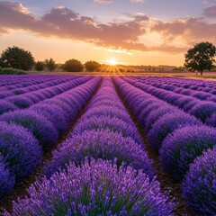 Fototapeta premium Sunset over a peaceful lavender field with golden light