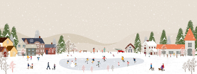 Winter Village landscape,Celebrating Christmas City Night Sky with Snowy people playing ice skate in park,Vector Xmas horizon banner New Year 2025 Winter wonderland with forest nature