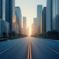 Pristine Empty Road Through Modern Cityscape at Morning Light