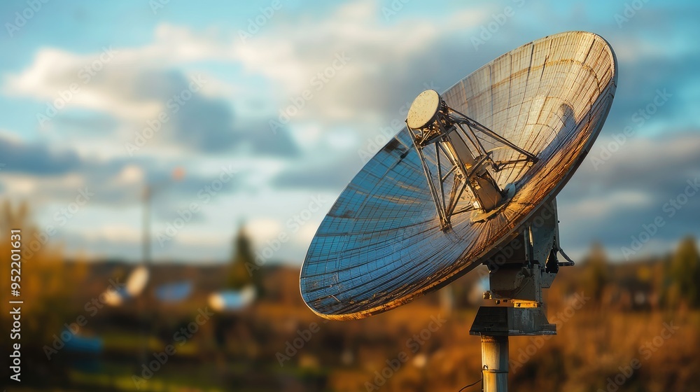 Poster a close-up of a satellite dish pointing towards the sky, with focus on the precise alignment of the 