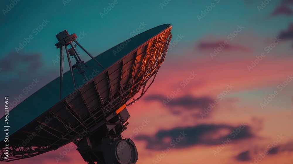 Poster a close-up of a satellite dish pointing towards the sky, with focus on the precise alignment of the 