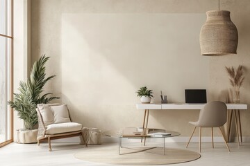 A minimalist interior with a cozy seating area, desk, and plants.
