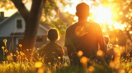 Father Watching Children Play in Golden Evening Light - Summer Family Nostalgia for Print or Poster