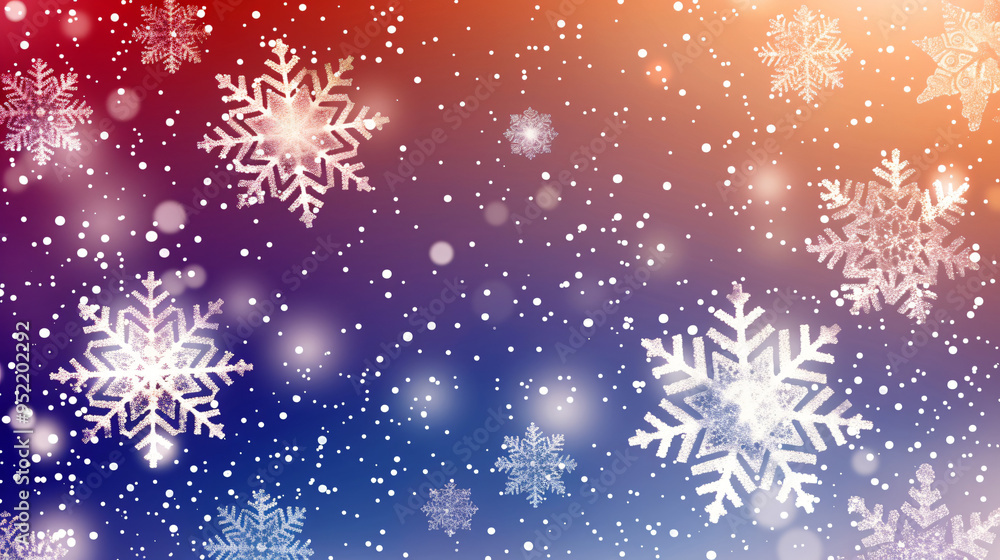 Aufkleber magical winter atmosphere is created as snowflakes fall on a sparkling red and blue backdrop