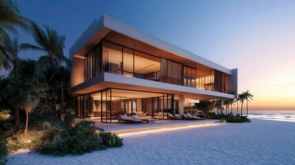Fototapeta premium Luxury beachfront property at dusk with modern architecture, highend real estate, exclusive market