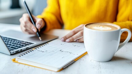 A person writes notes in a planner while enjoying a coffee, creating a productive atmosphere for work and planning.