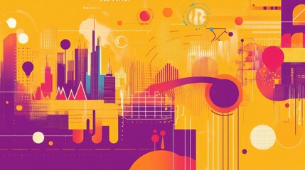 Naklejka premium Abstract geometric art with a city skyline in the background and a large purple circle in the foreground.