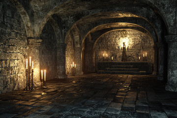 Obraz premium A Mystical Underground Chapel: Stone arches and flickering candles illuminate a dimly lit crypt, casting long shadows and whispers of ancient secrets.