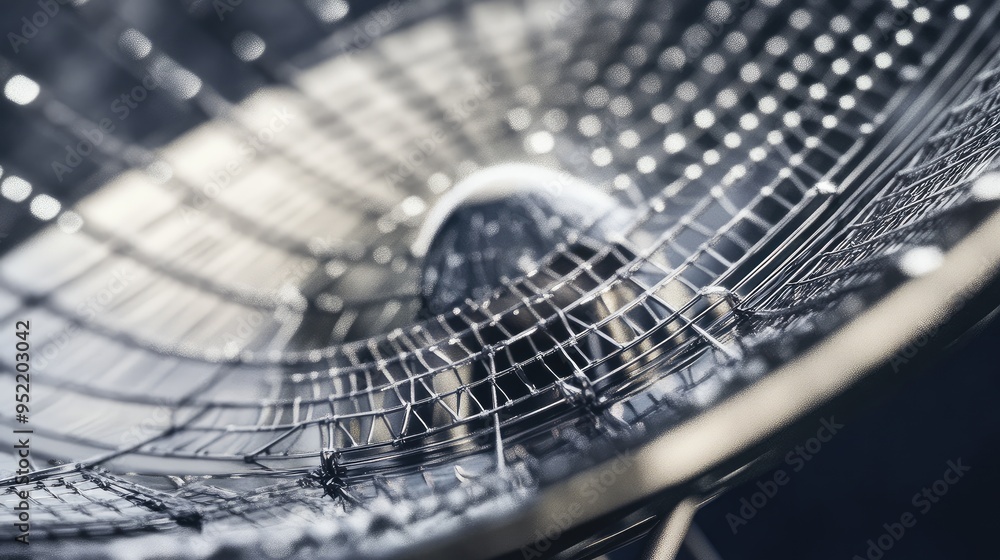 Poster a close-up view of a satellite dish with focus on the fine mesh surface, emphasizing the texture and