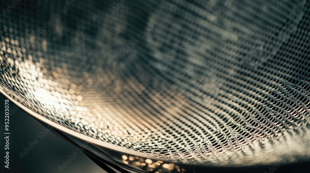 Poster a close-up view of a satellite dish with focus on the fine mesh surface, emphasizing the texture and
