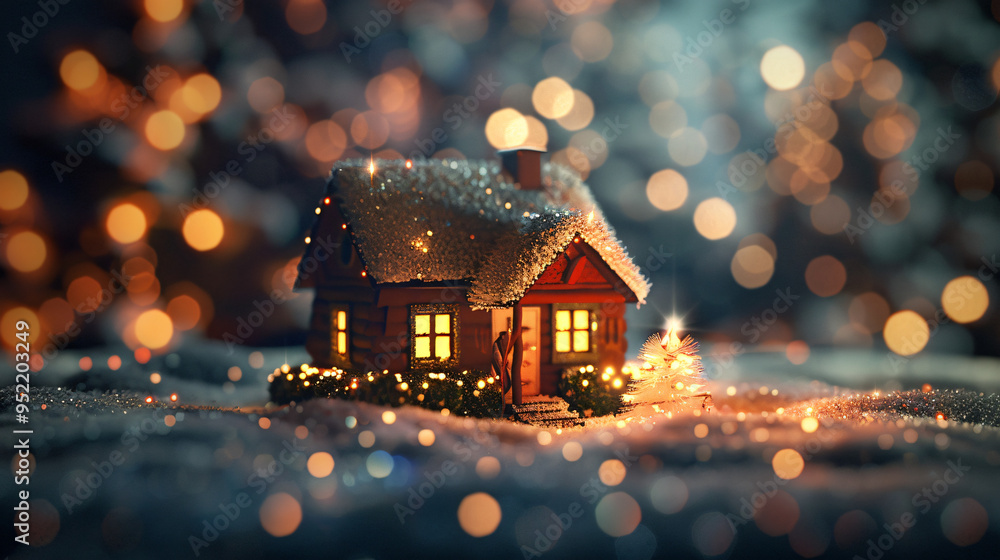 Poster Small wooden house model with illuminated windows standing in a snowy setting with festive lights in the background
