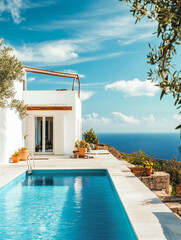 Fototapeta premium Exotic resort vacation in a villa with sun loungers and pool and sea view