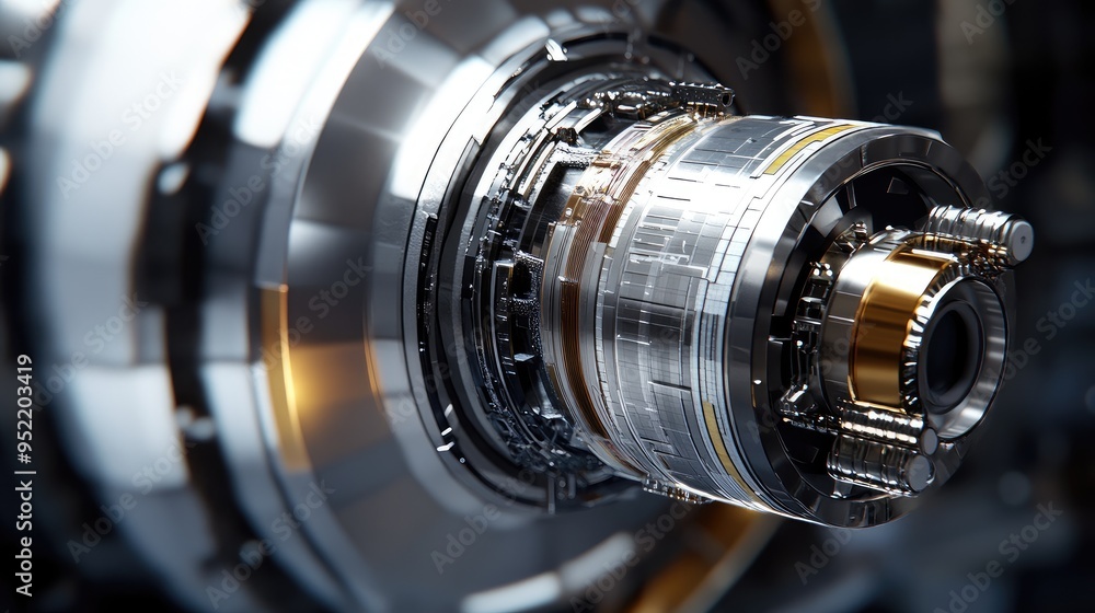 Poster a close-up view of a satellite's rotating joint, focusing on the mechanical design and movement capa