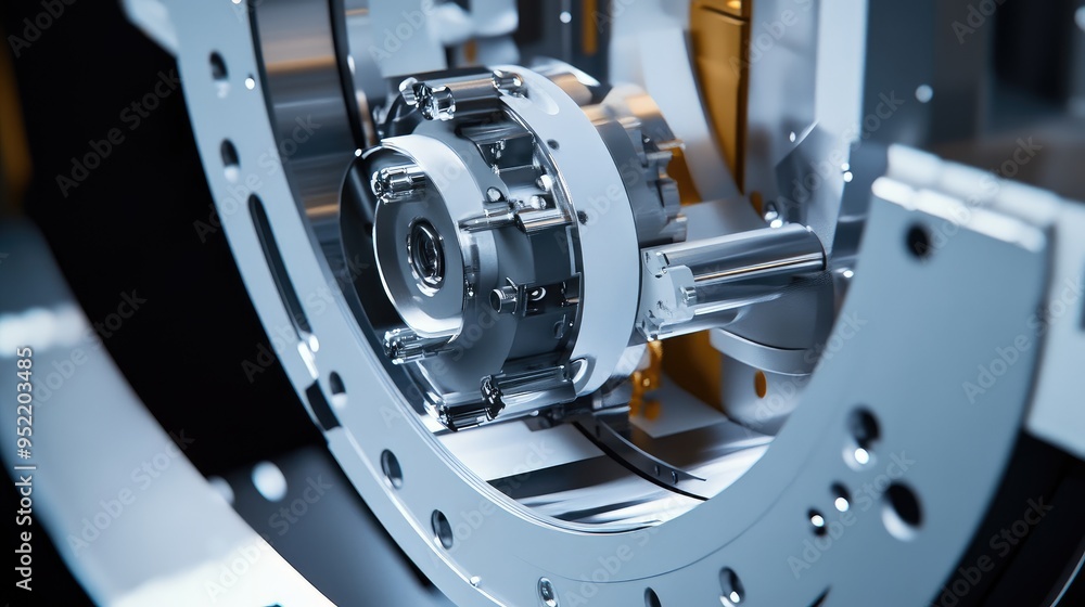 Poster a close-up view of a satellite's rotating joint, focusing on the mechanical design and movement capa