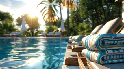Obraz premium Luxury Hotel Pool with Palm Trees and Loungers