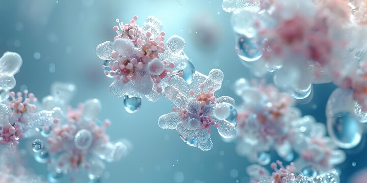 A soft and serene scene with a light blue background, featuring the molecular structure of nicotinamide mononucleotide (NMN) artistically rendered with various stylized letters