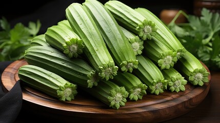 Obraz premium Close up fresh okra on wooden plate 
