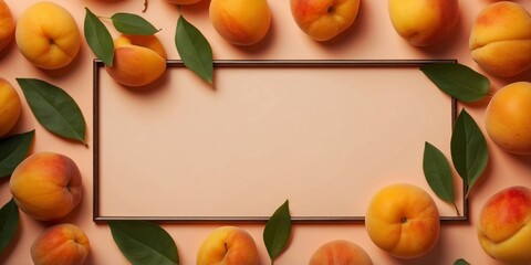 frame made of delicious apricots with leaves on orange background with copy space in the middle.