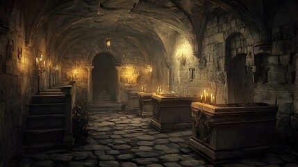 Haunting Medieval Crypt with Candlelit Sarcophagi and Ominous Atmosphere