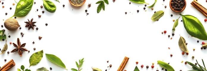 Spices and Herbs Frame on White Background