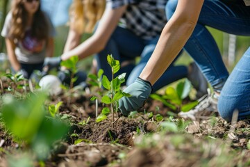Fototapeta premium Community Action for Reforestation: Volunteers Planting Trees in a Deforested Area