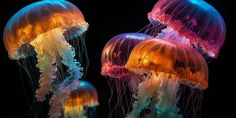 Fototapeta premium Glowing, colorful jellyfish on a black background