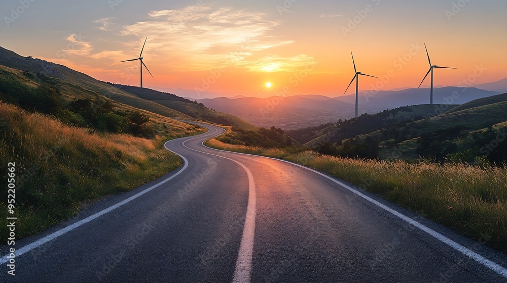 Aufkleber mountain road at colorful sunset in summer beautiful curved roadway empty highway through the mounta