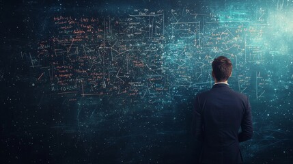 A professional man analyzing complex equations and data on a glowing chalkboard, embodying innovation and technology.