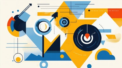 Obraz premium Abstract Geometric Design with Blue, Yellow, and Red Shapes and Lines.