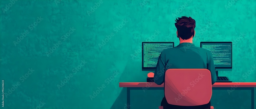Poster a focused individual works on a computer, coding against a vibrant teal wall, capturing the essence 