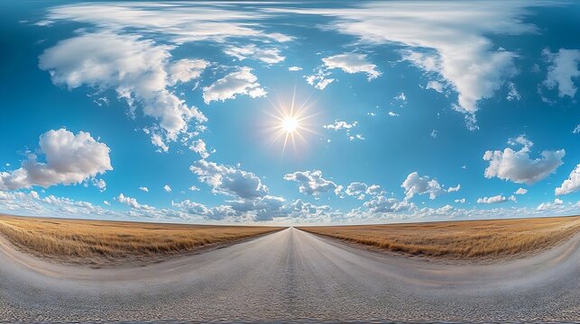 spherical 360 hdri panorama on old asphalt road with clouds and sun on blue sky in equirectangular seamless projection as skydome replacement in drone panoramas game development : Generative AI