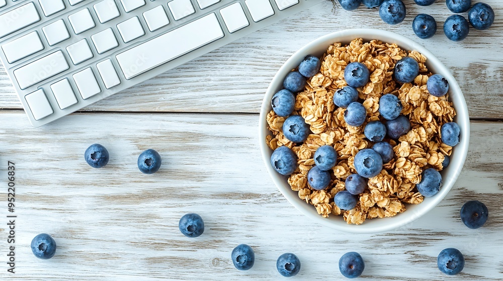 Poster delicious granola with blueberries in bowl stationery and computer keyboard on white wooden table fl