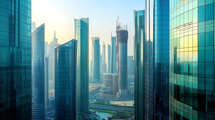 Modern skyscraper business office building with glass facade Doha modern city Qatar Middle East Cityscape with tall modern skyscrapers West Bay Business quarter : Generative AI