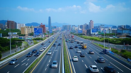 Kaohsiung Taiwan  Cars driving on the road Taiwan has many bridges and sidewalks as pedestrian safety measures Viaduct shot deliberately blurry : Generative AI