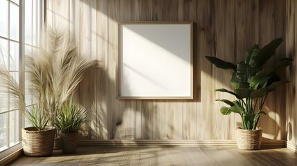 Fototapeta premium Minimalist Interior Design with Blank Canvas Frame on Wooden Wall.
