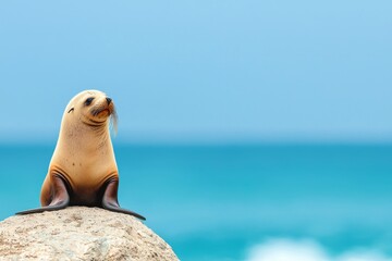 Naklejka premium A seal basking on a rock by the tranquil ocean, showcasing nature's beauty and wildlife in a serene coastal environment.