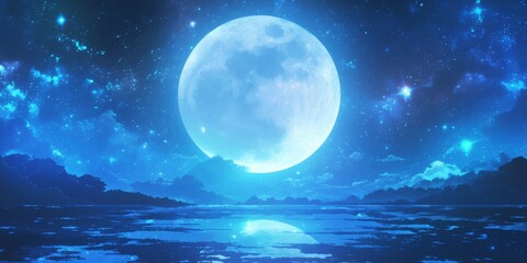 Enchanting Blue Moon: AI-Generated Mid-Autumn Festival Scene with Chang'e and Starry Galaxy. Dreamy Anime-Style Illustration for Chinese Cultural Marketing, UI Design, and Graphic Projects. Minimalist