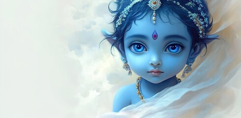 Cute little baby Krishna with blue skin on light background. Birthday of Krishna, eighth avatar of Vishnu. Shree Krishna Janmashtami or Gokulashtami. Indian religious festival 