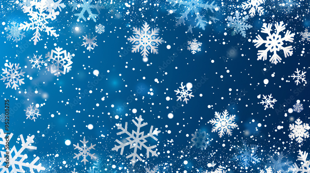 Aufkleber snowflakes are falling on a blue background with bokeh, creating a winter wonderland