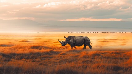 Fototapeta premium Majestic Rhino Walking Across Golden Savannah at Sunset, Symbolizing Endangered Species Hope