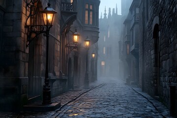Fototapeta premium Moody Rainy Night in Medieval City Alley with Glowing Lanterns and Cobblestone Path