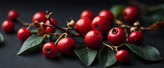 Obraz premium red berries and leaves on a black surface.