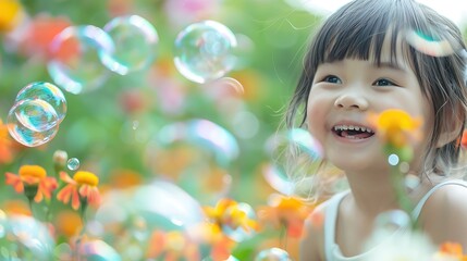 A candid photo of an Asian kid model laughing while playing with bubbles in an outdoor setting, with a soft focus background of flowers and greenery. 8k UHD, suitable for high-quality printing 