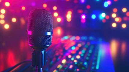 Obraz premium Podcast and Music Studio Setup with Microphone and Colorful Lighting
