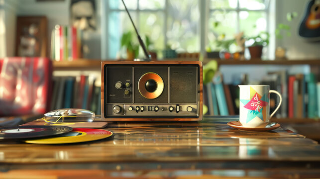 Retro Radio with Vinyl Records Celebrating World Radio Day