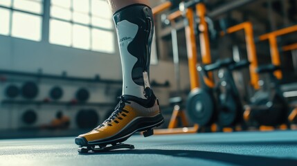 Fototapeta premium A prosthetic leg with a running blade attachment placed on a gym floor, highlighting its athletic purpose.