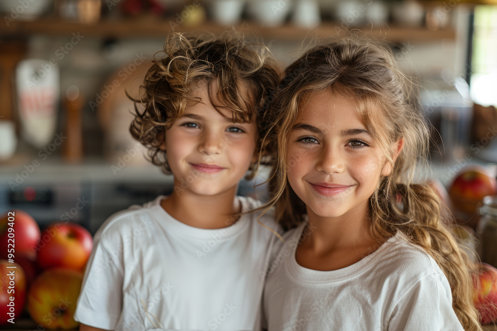 Wall mural Jewish boy and Jewish girl in Jewish traditional clothes stand in the kitchen. Shana Tova, Happy Jewish New Year, Jewish holiday Rosh Hashana template