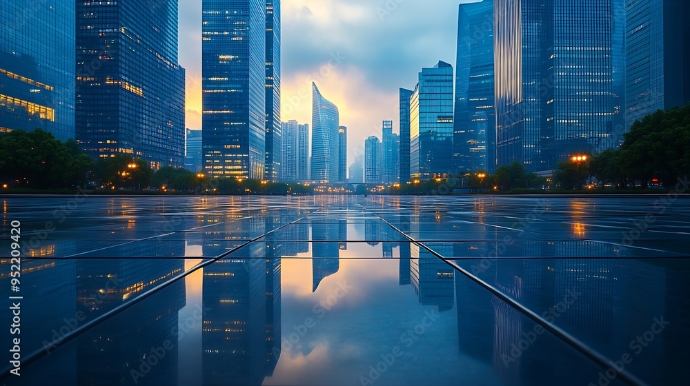 Poster empty square floors and modern city buildings at dusk in shanghai : generative ai