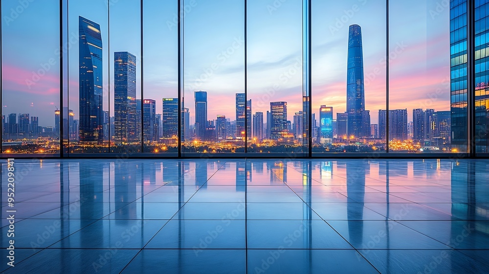 Poster empty square floor and glass wall with city skyline at dusk in shenzhen city square and modern build